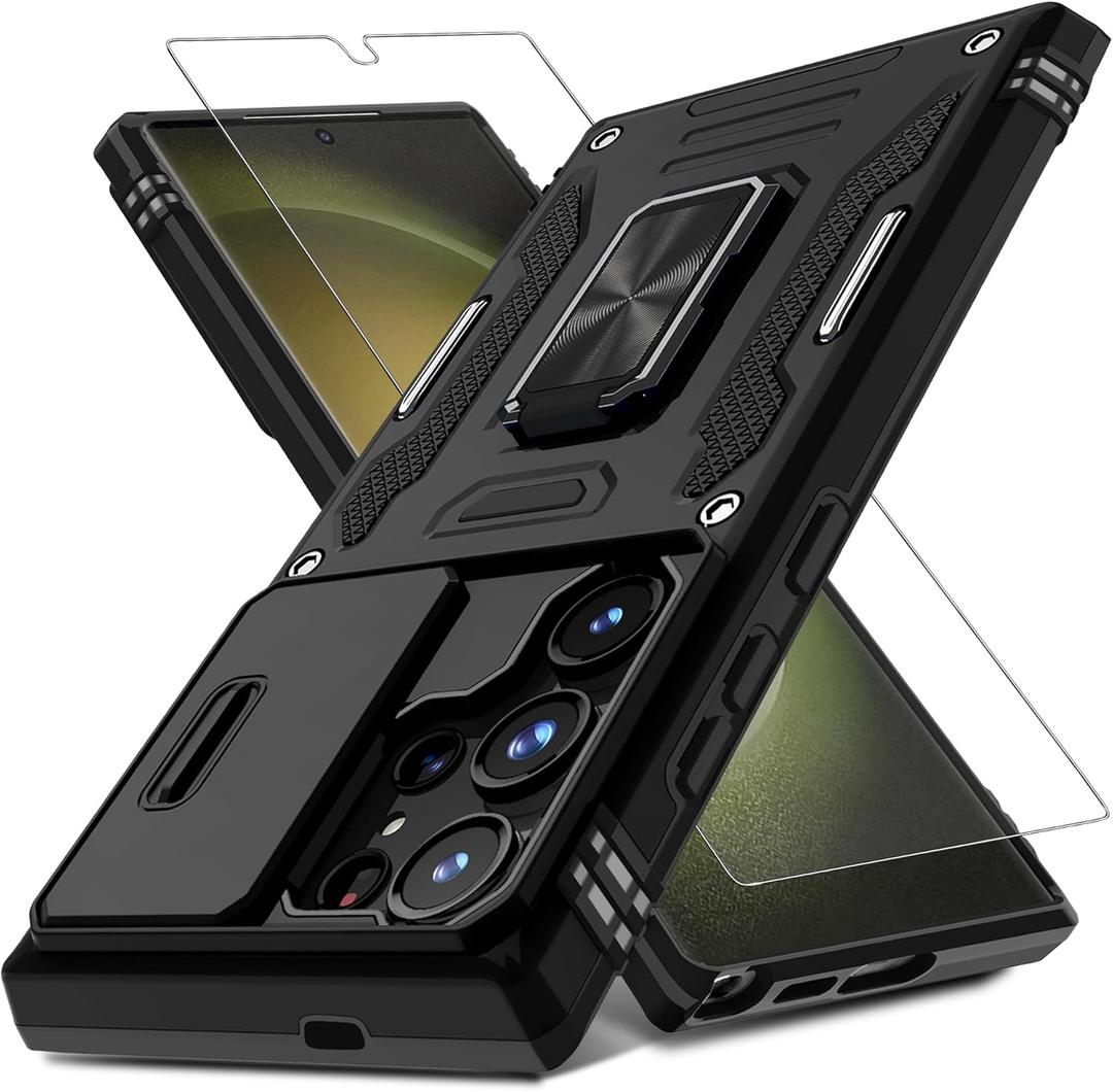 DEERLAMN Case for Samsung Galaxy S25 Ultra with Slide Camera Cover+Screen Protector (1 Pack), Rotated Ring Kickstand Military Grade Shockproof Protective Cover-Black (S25 Ultra-6.9 Inch)