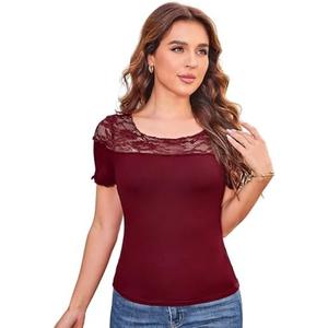 GRACE KARIN Womens Lace Going Out Tops Slim Fit Short Sleeve Blouse Summer Dressy T Shirts 2025 Fashion Clothes Trendy Outfit, XL