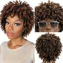 RED PIXIE Loc Wigs for Black Women Dreadlock Fake Dreads Faux Locs Wig Dreadlocks Afro Headband Short Braided Wig Short Curly Braided Afro Twist Wigs for Black Women Braided Bob Crochet Dreadlock (Black Mixed Brown)