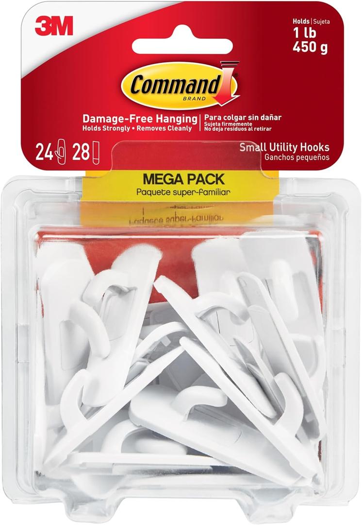 Command Small Utility Hooks, 24 Hooks and 28 Strips, Damage-Free Hanging Wall Hooks with Adhesive Strips, No Tools Adhesive Hooks for Hanging, Organization and Storage, Holds up to 1 lb