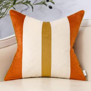 Yangest Orange Patchwork Throw Pillow Cover Striped Velvet Cushion Case Modern Pillowcase for Sofa Couch Bedroom Living Room Home Decor,18x18 Inch