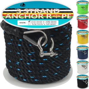 Anchor Rope 1/2 Inch X 100 FT, Anchor Line 3 Strand with Stainless Steel Thimble & Shackle, Boat Anchor Rope Ideal for Towing Docking Mooring Boats Up to 35' (Black & Blue), 1/2inx100ft