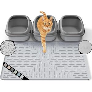 OHMO Cat Litter Mat Extra Large 95 x 64 cm Ash Grey Premium Silicone, Easy to Clean Waterproof Kitty Under Box Trapping Mat, Keep The Floor Tidy