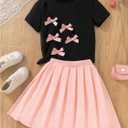 RoseSeek Girl's 2 Piece Preppy Summer Outfits 3D Bowknot T Shirt and Mini Pleated Skirts Clothing Set (Pink), 10Y