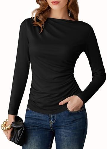 GRACE KARIN 2026 Women's Long Sleeve Wrap Blouse - Boat Neck Ruched Fitted Trendy Top for Fall Dressy Casual M