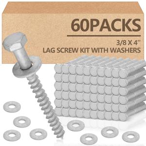 Tandefio 60 Pack 3/8'' x 4'' Lag Screw Kit with Washers Hot Dip Galvanized Hex Lag Bolts Heavy Duty Wood Screws for Wood Decks Fences (Silver)
