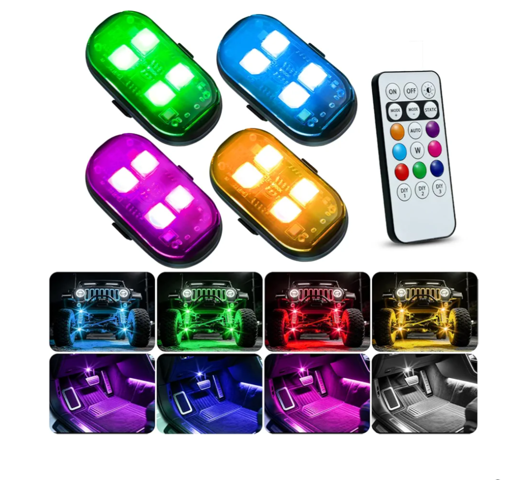 GSOWO Upgraded 4PCS Wireless LED Strobe Lights with Remote, 8 Colors Waterproof Anti-Collision Aircraft Strobe Light, USB-C charging Warning Light for Car Interior Motorcycle Drone Bike New Year