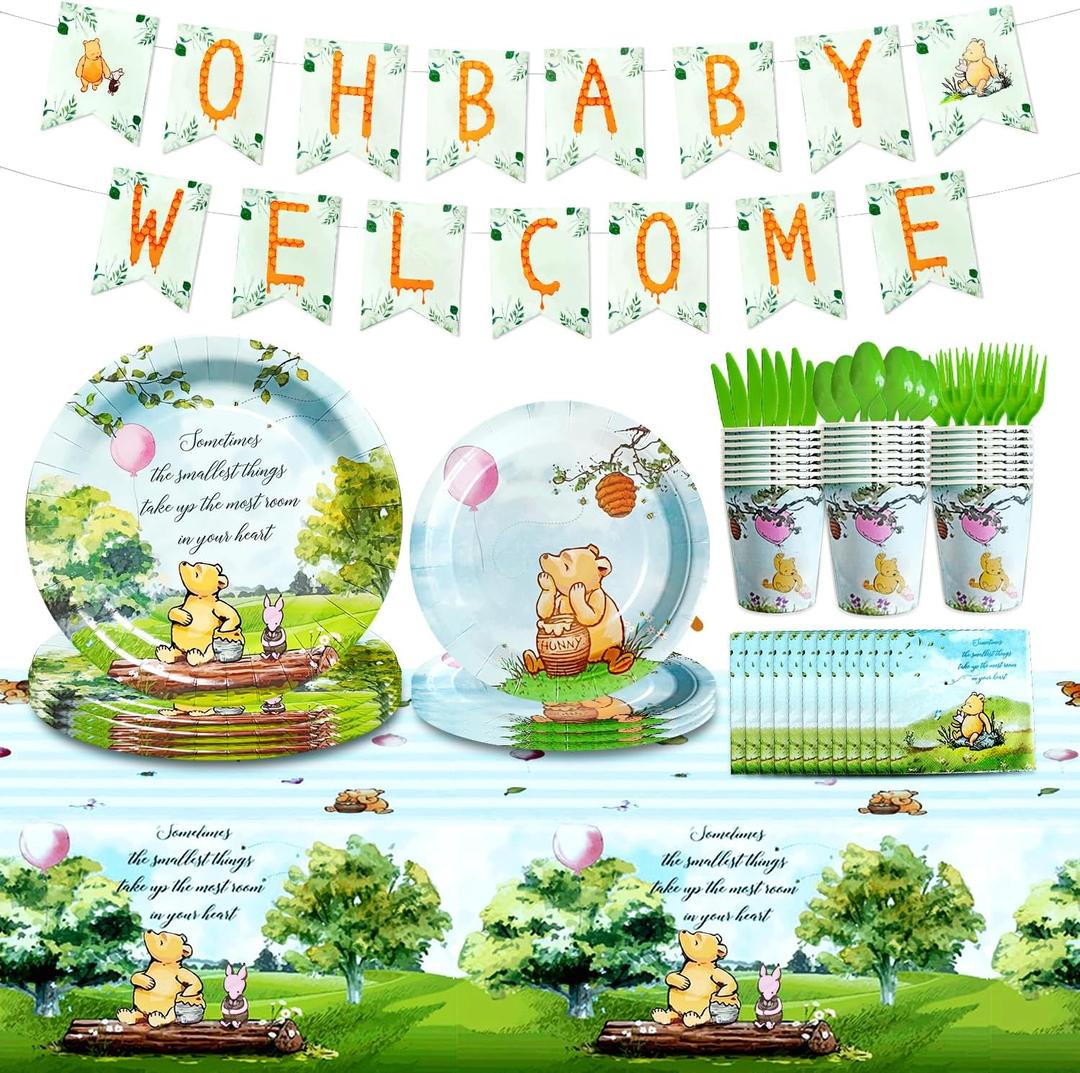 172pcs Winnie Baby Shower Decorations Kit, Classic Bear Theme Party Supplies, Banner , Plates, Napkins and Tableware Set For Girls Boys Baby Shower, For 24 Guests