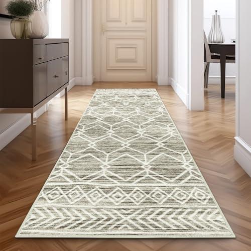 jinchan Hallway Runner Rug 2x10 - Moroccan Kitchen Machine Washable Runner Rug Modern Geometric Soft Faux Wool Ultra-Thin Low-Pile Non-Slip Carpet for Laundry Room Bedroom Farmhouse (2x10ft, Taupe)