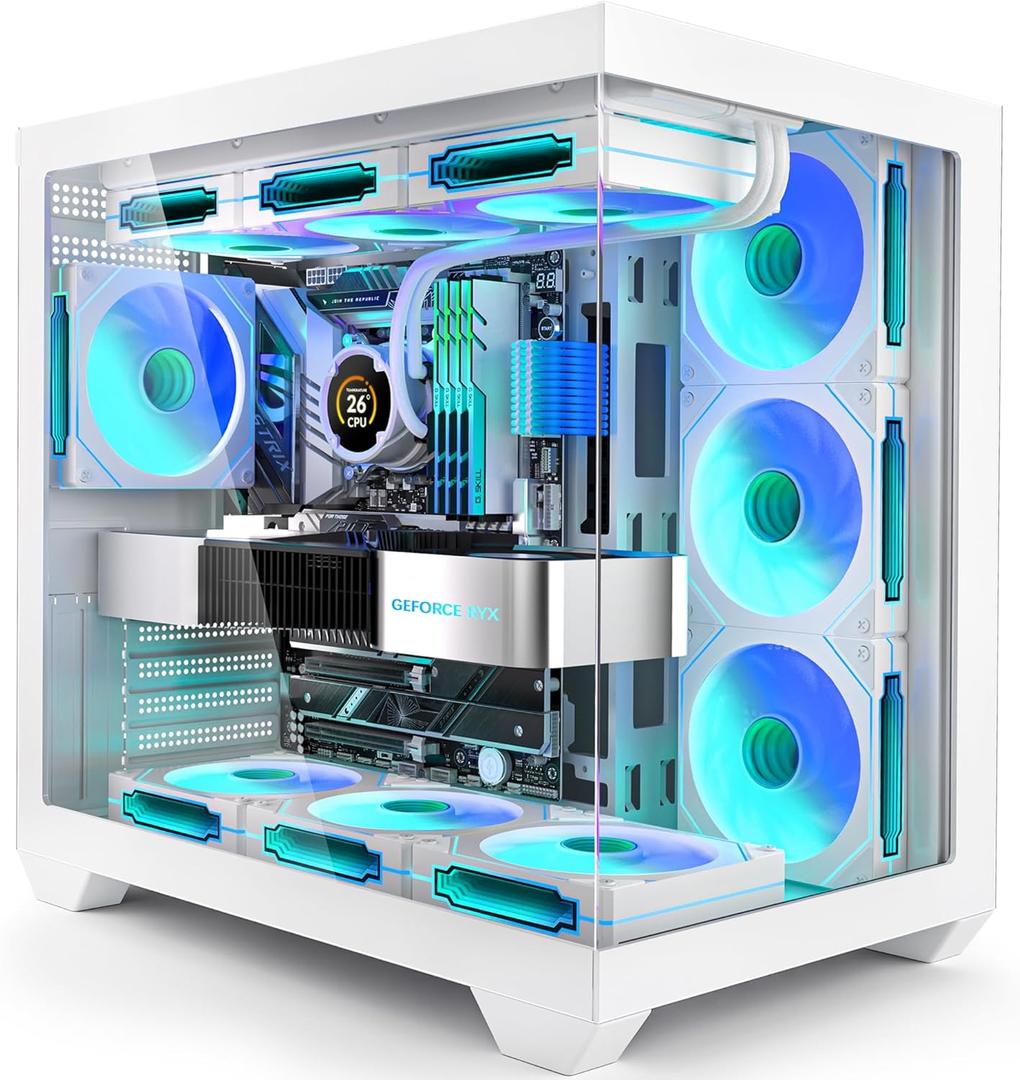 White PC Case, ATX Gaming PC Case with 7 PWM ARGB Fans Pre-Installed,Type-C Full-View Dual Tempered Glass, Gaming Computer CASE