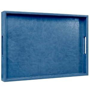 LNFUMS 20 x 14 inches Leather Rectangle Serving Tray with Hole Handles,High-End Light Large Service Tray for Ottoman Tray, Tea, Food, Butler - Countertop, Kitchen,Family Dinner, Picnic (Blue)