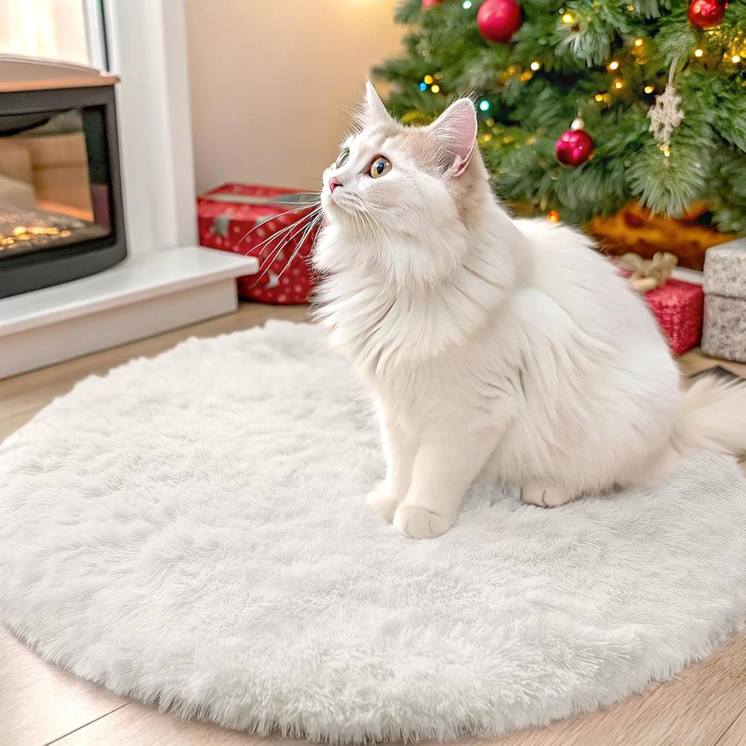 OLANLY Ivory Round Rugs for Bedroom - Machine Washable, 2 ft Circle Area Rugs for Living Room, Soft and Fluffy Shaggy Carpet for Teen Girls and Boys, Nursery Rooms, Dorms, Home Decor Aesthetic