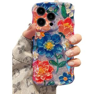EYZUTAK Case for iPhone 14 Pro Max, Colorful Retro Oil Painting Flower Laser Glossy Cute Curly Wave Edge Case Stylish Durable Soft TPU Protective Phone Cover for Girl Women - Blue Flower/Blue