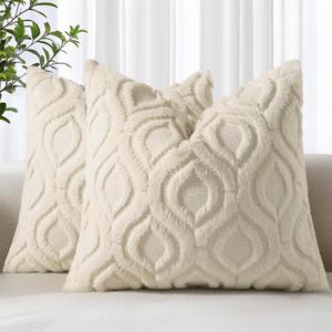 decorUhome Throw Pillow Covers 26x26 Inch Set of 2, Soft Plush Faux Wool Beige Solid Couch Pillow Covers, Accent Euro Sham Farmhouse Neutral Square Pillow Cases for Sofa Bed Living Room