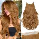 KooKaStyle Invisible Wire Hair Extensions Long Wavy Layered Synthetic Hair Extensions with Transparent Wire Adjustable Size 6 Secure Clips Strawberry Blonde Hairpieces for Women 20 Inch