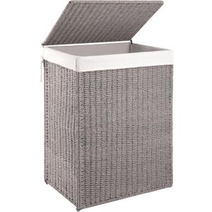 OIAHOMY Laundry Hamper with Lid, 90L(23.8 Gal) Large Wicker Laundry Basket for Bedroom, Handwoven Paper Rope Clothes Hamper with Washable Liner & Metal Frame, Decorative Organizer for Bathroom Grey