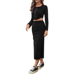 olrain Y2K Women 2 Piece Outfits Long Sleeve Boat Neck Crop Top High Waist Slit Bodycon Skirt Sets Ribbed Knit Spring Fall (Black, Small)