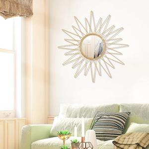 Gold Mirrors for Wall, Metal Sunburst Wall Mirror for Room Decor & Home Decor 15 inch Boho Wall Art Decorative Mirror, A