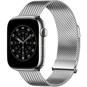 Bestsure Milanese Loop Watch Band Compatible with Apple Watch 42/44/45/46/49mm, Metal Stainless Steel Mesh, Dual Magnetic Clasp, for Series 9/8/7/6/5/4/SE/3/2/1, Ultra, Men & Women, Silver