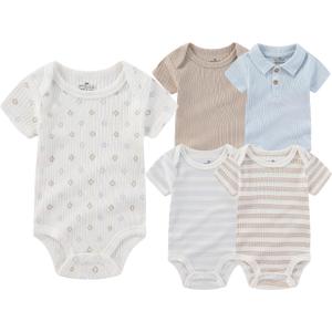 Baby Boy Girl Short Sleeve Bodysuits New Born 100% Cotton Clothes 5-Pack 0-12M (6-9 Months, Khaki+light Blue Lapel+card Stripe)