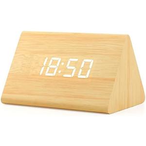 GEARONIC Digital Alarm Clock Wooden Alarm Clock Wood Modern Triangle Alarm Digital Desk Clock, Displays Time Date Temperature Calendar Wood Made Electric Clocks for Bedroom, Bedside - Bamboo