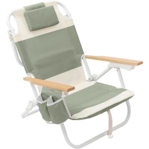 SUNNYLiFE Deluxe Beach Chair, Outdoor Seating, Portable Backpack Design, 5 Adjustable Recline Positions, Insulated Cooler Pocket, Polyester Fabric, Seagrass Sage, 25.59 x 25.2 x 27.56 inches, Standard