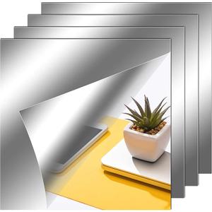 4 Pcs Mirror Sheets, 12*12 Self Adhesive Non Glass Cut to Size Mirror Stickers Tiles,