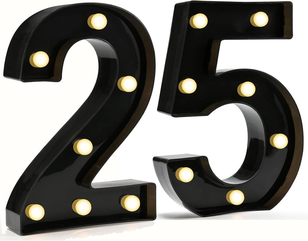 Pooqla 25th Birthday Decorations for Her Him, Black Light Up Number 25 for Party Table Decorations, 25th Birthday Gift for Men Women, Backdrop Wall Decor for 25th Wedding Anniversary Decoration