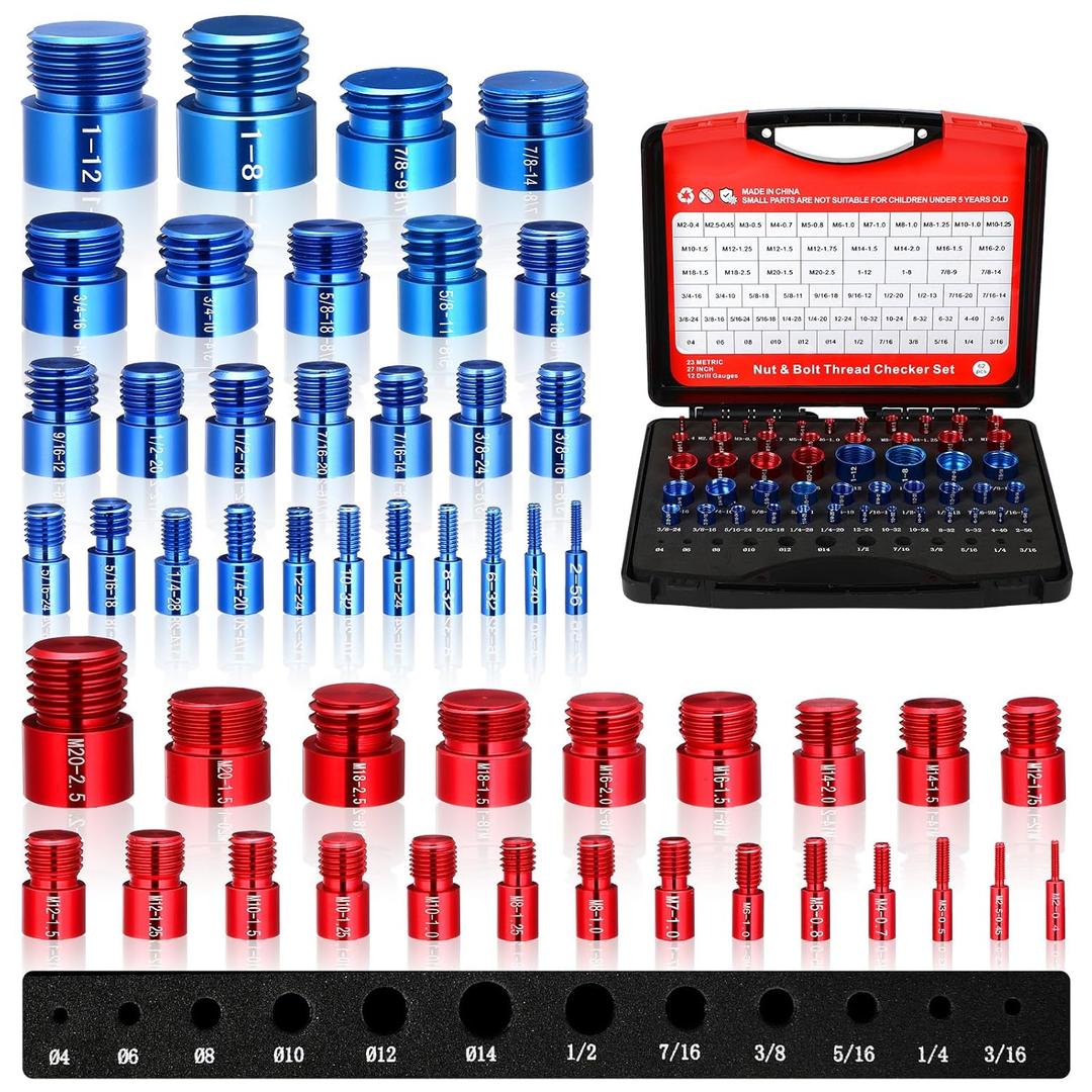 62 Pcs (50+12pcs) Thread Checker & Drill Checker, Nut and Bolt Threads Checkers, 27 Inch & 23 Metric Thread Gauge & 12 Drill Gauge Kit, nut Bolt Size Finder Checkers box for Quickly Identify