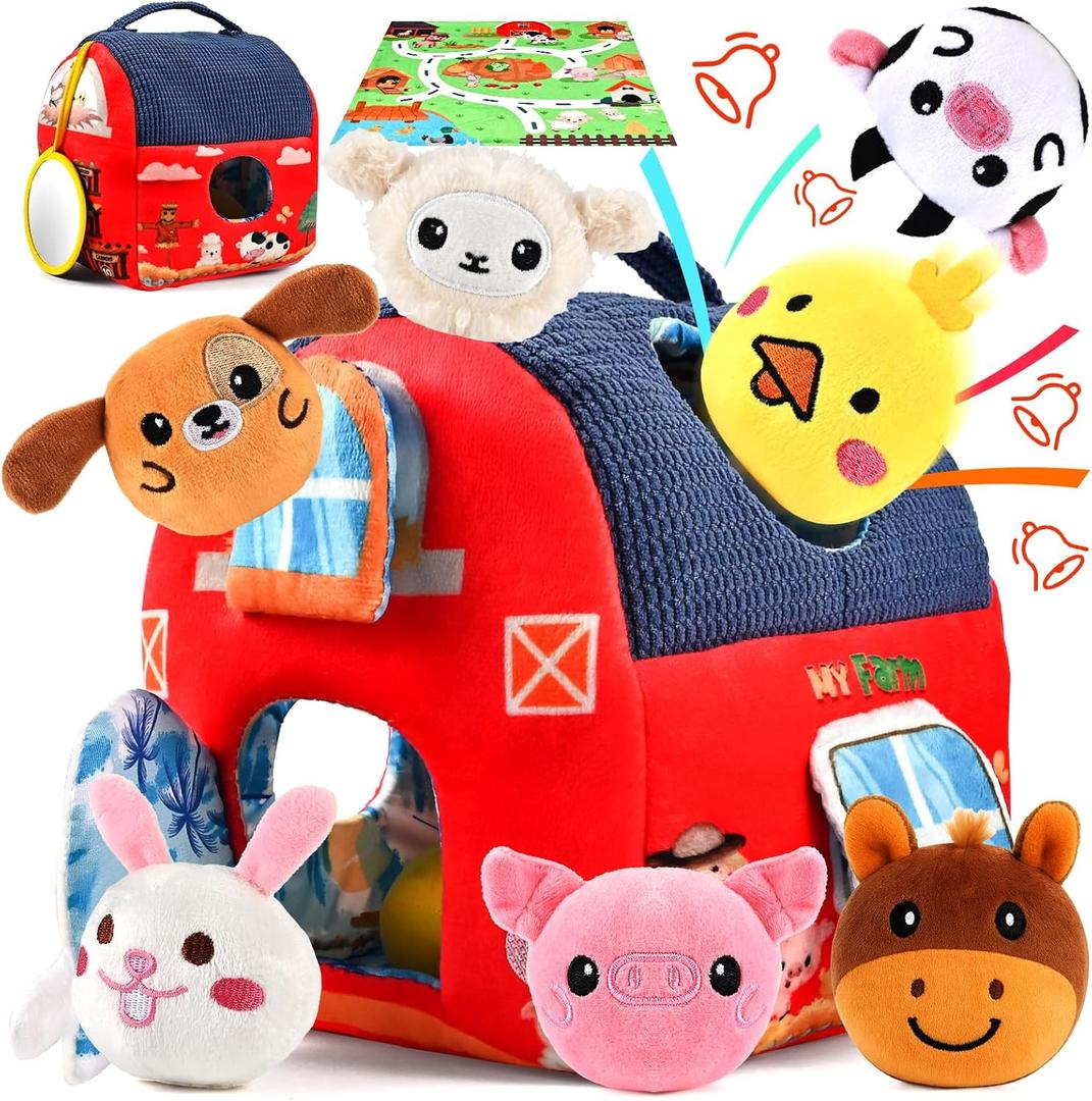 Baby Toys 6-12 Months | Plush Barn Toy with 8 Sound Animals & Farm Mat - Montessori Toys Sensory Farm Animals for Toddlers 1-3 - Crinkle/Rattle/Squeak, Birthday Infant Toy Baby BOY Girl Gifts