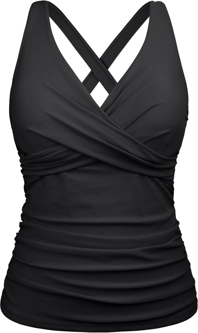 Firpearl Women Underwire Tankini Top Only Twist V Neck Swimsuits for Big Busted Ruched Tummy Control Bathing Suits Top (Black, XL) 14