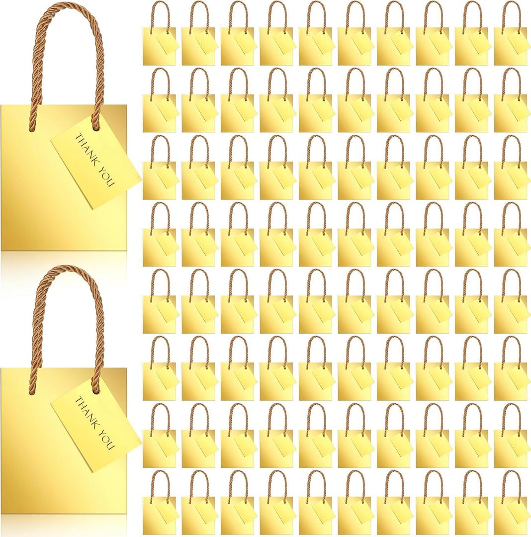 Sherr 100 Pcs Mini Gift Bags Bulk, 4 x 2.75 x 4.5 in Paper Bag with Tag, Extra Small Paper Gift Boxes with Handles for Birthday, Party Favor, Wedding, Small Business, Spring Easter (Gold)