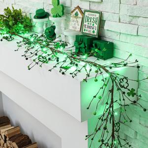 9.84 ft St Patrick's Day Garland with Lights Shamrock Lights Irish Decorative Green Clover Berry Garland Decorations for St Patrick's Day Home Mantel Table Wall Party Decor