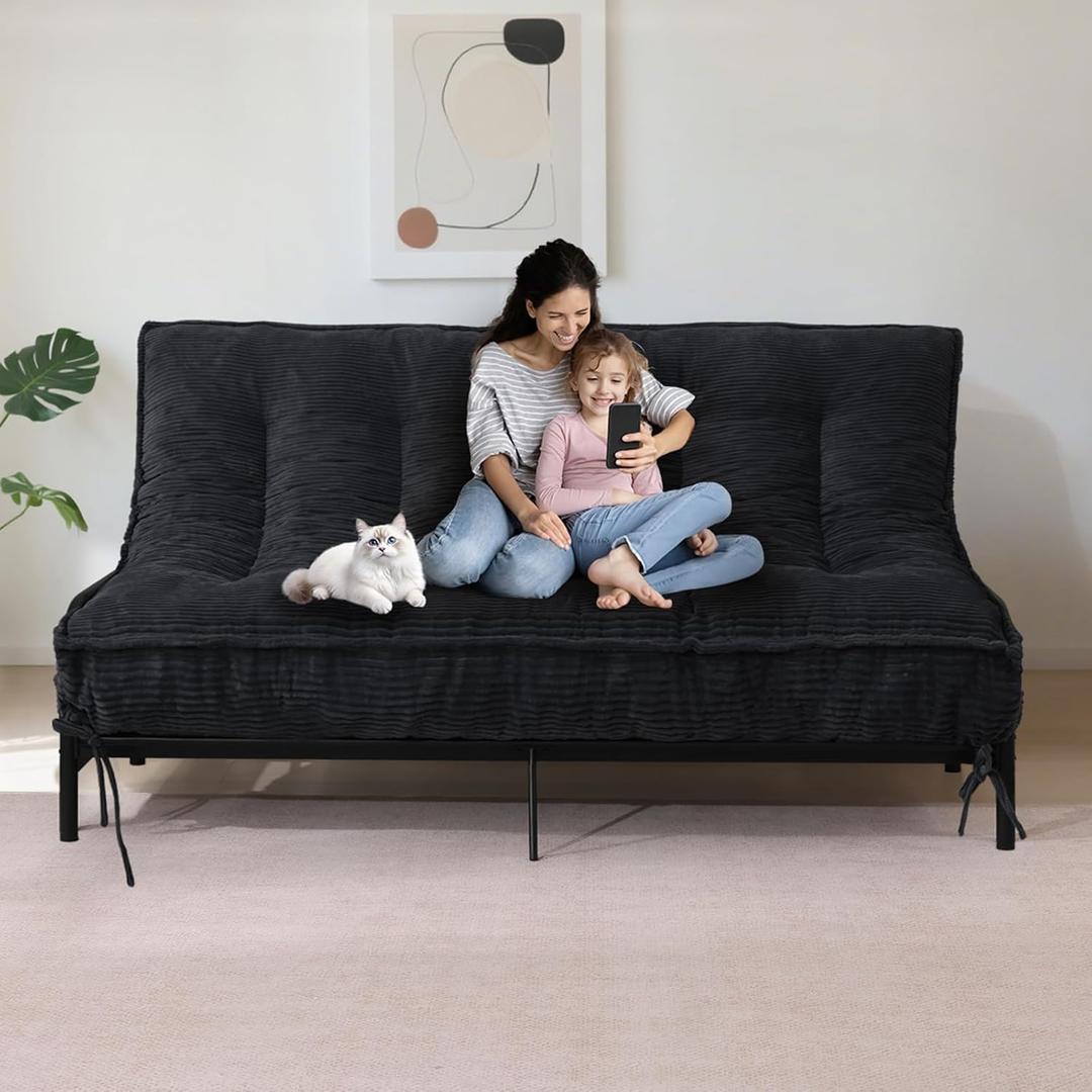 8" Futon Mattress Full Size, Thick Futons Sofa Couch Bed Sleeper Sofa Bed, Floor Mattress for Adults, Roll Up Folding Mattres Shredded Foam Filling, Medium Firm(Frame Not Included) (Black)