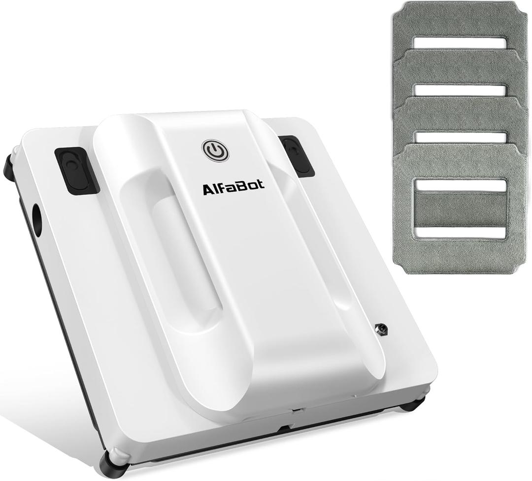 AlfaBot Window Cleaning Robot, Dual Nozzles with Ultrasonic Spray, 5000Pa Window Cleaner Robot with Edge Detection, 3 Intelligent Path Planning, Anti-Slipping System (White)
