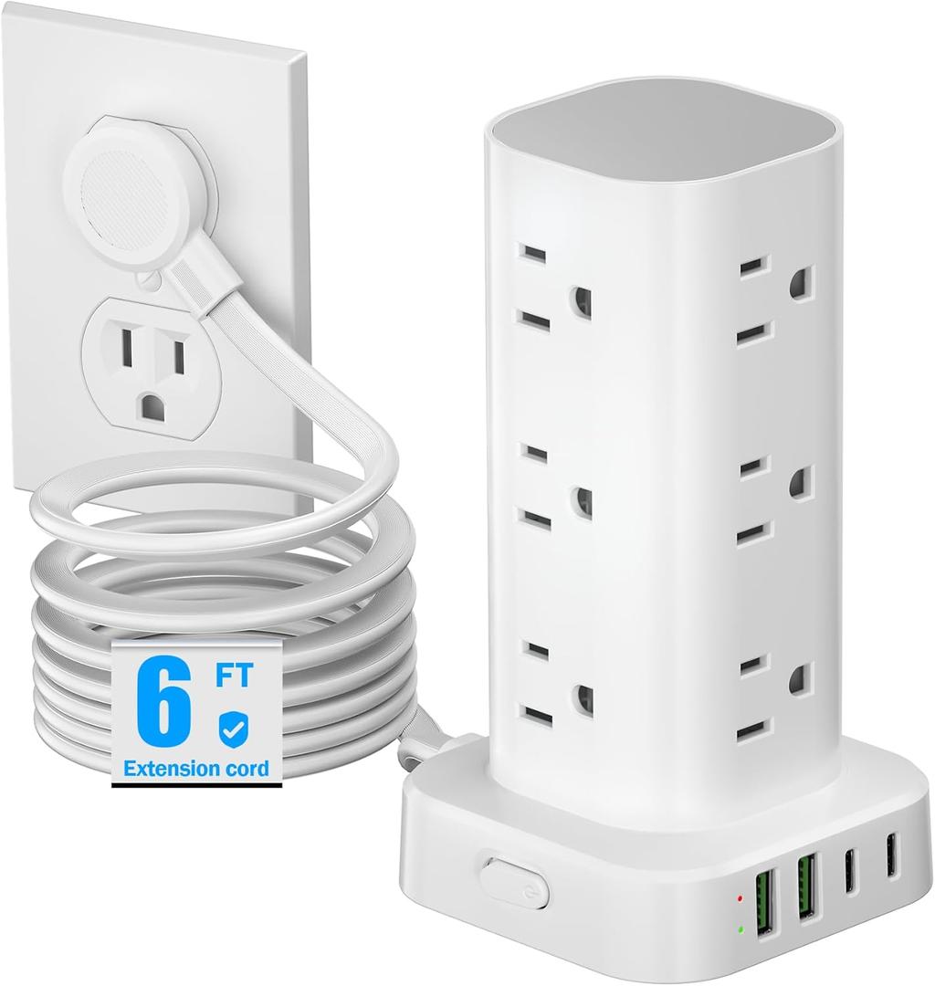 Tower Power Strips with Surge Protection, 6FT Flat Extension Cord with Multiple Outlets, 12 AC 4 USB Ports, Overload Protection Charging Station for Office Home Dorm Room Travel (White)