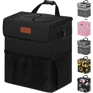 Vankor Car Trash Can Bin with Lid Hanging for Back Seat, Car Accessories for Women Men Leak Proof Automotive Garbage Cans Leakproof Vehicle Trash Can for Truck SUV Black (2.2 Gallons)