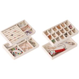 Set of 4 Stackable Jewelry Organizer Trays for Drawers,Jewelry Drawer Inserts Container Display Case Storage for Earring Necklace Rings Bracelet Watch with Removable Dividers-Beige