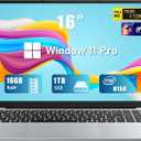Gaming Laptop, 16 Inch Laptop Computer with Windows 11 Pro, Intel 12th Gen N150 Processor(up to 3.6GHz), 16GB RAM 1TB SSD, Backlit Keyboard, FHD 1920 * 1200, Bluetooth. (Gray)