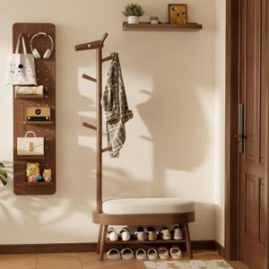 AQIMUELE Entryway Shoe Rack with Coat Rack, Wooden Shoe Bench with Upholstered Cushion, 3-in-1, 2-Tier Shoe Storage and Cute Animal Hooks for Entryway, Hallway, Closet (Walnut 32.2")