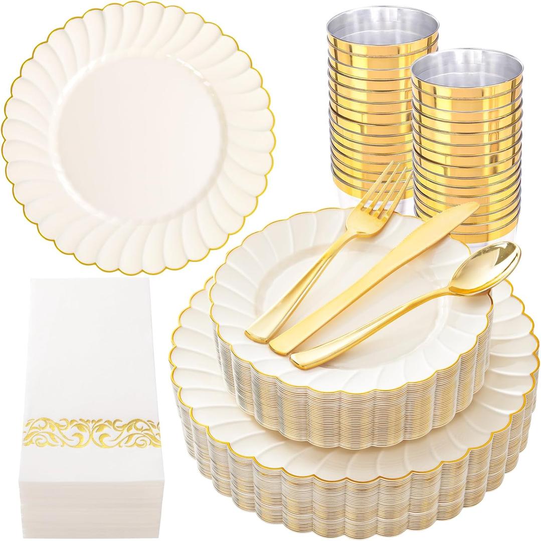 YOUBET 175PCS Ivory Scalloped Plastic Plates - Gold Disposable Dinnerware Set Include 50 Plates, 75 Gold Silverware, 25 Cups, 25 Napkins for Party & Wedding