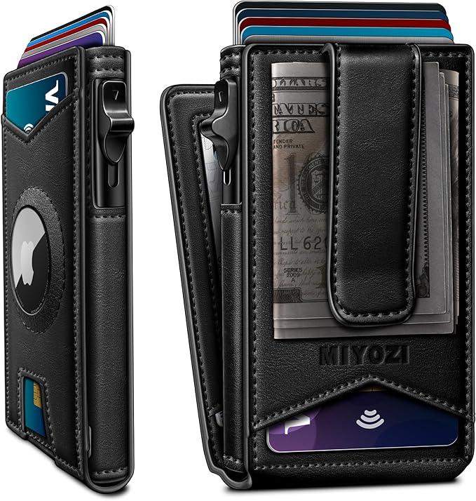 Airtag Wallet for Men Money Clip 9-Card Pop-Up Credit Card Holder with ID Window RFID Blocking Metal Case Magnetic Closure Front Pocket Wallet Gift Box | with Money Clip, Gift Boxed, Slim, RFID Blocking, Pop-up Card Case, Flip (Black)