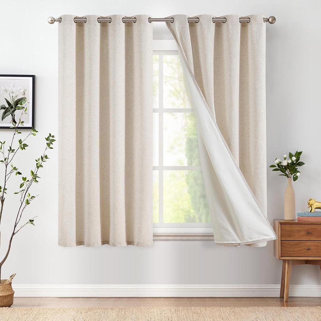 jinchan Linen Lined Curtains 63 Inch Length for Living Room Darkening Bathroom Curtains Window Beige Short Drapes for Kichen Room, 50 Inch Wide Farmhouse Drapes with Grommet Top, 2 Panel Set (Privacy Natural)