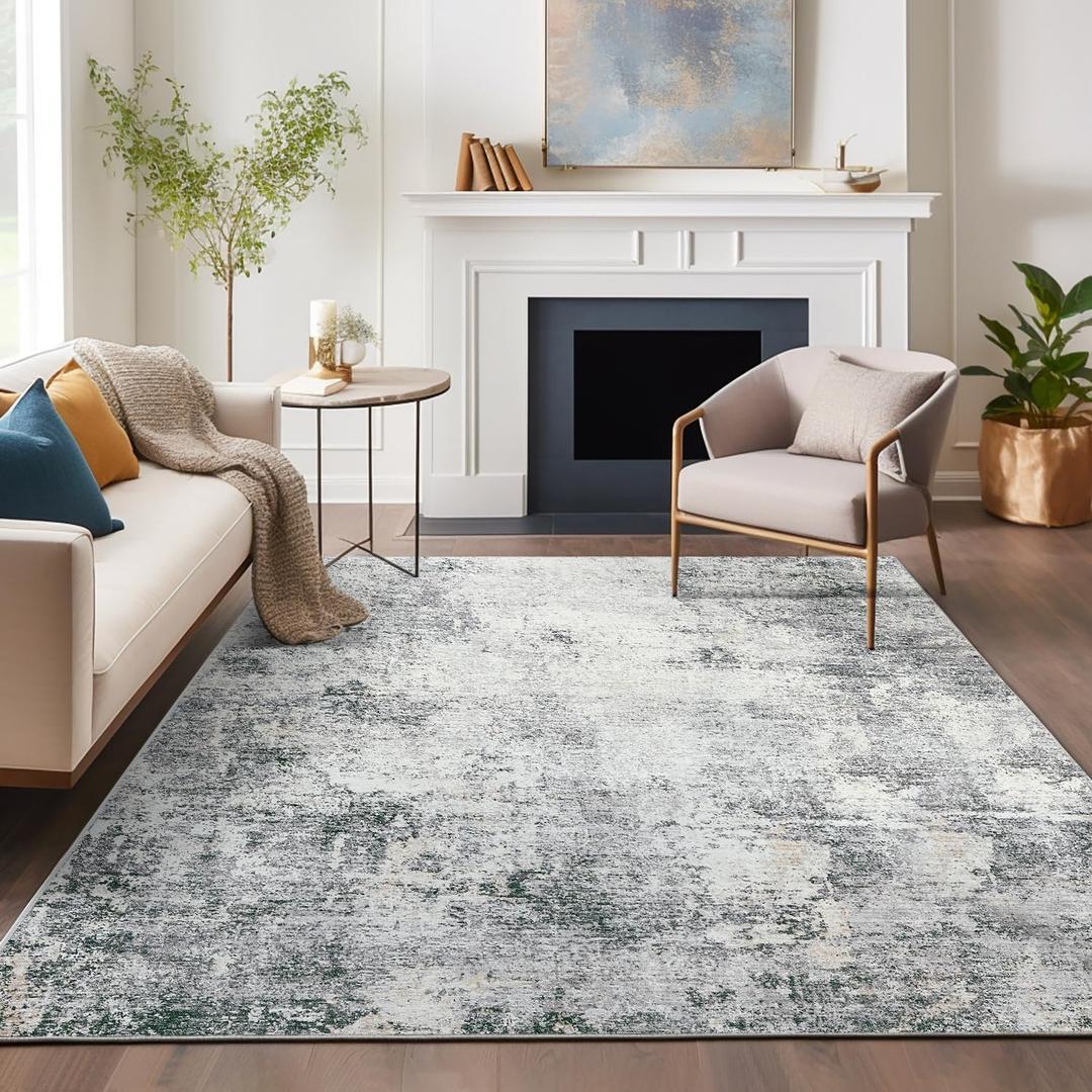 jinchan Area Rug 8x10 Washable Modern Rug Abstract Large Living Room Floor Cover Grey Multi Print Overdyed Distressed Mat Contemporary Non-Slip Thin Carpet for Bedroom Dining Room Kitchen Office