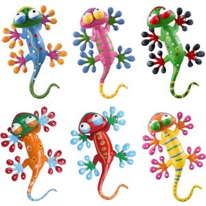 YEAHOME 6 Pack Metal Geckos Inspirational Wall Art, Mexican Outdoor Wall Decor with Shaking Head, Lizard Wall Sculptures & Statues for Farmhouse, Porch, Patio, Lawn, Fence (Set of 6)