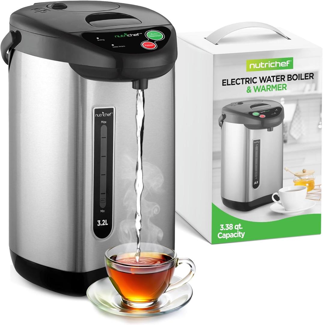 NutriChef Hot Water Urn Pot 3.38 QT, Insulated Stainless Steel Hot Water Dispenser & Boiler, Auto & Manual Dispense, Safety Lock, Electric Kettle, Black