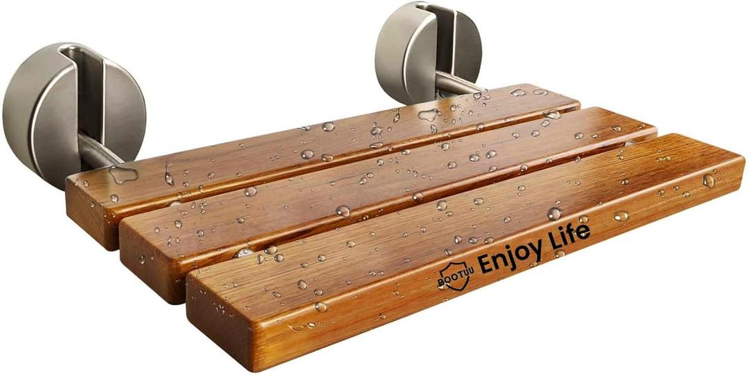 20 Inchs Teak Folding Shower Seat Wall Mounted, Fold Down Shower Seat for Inside Shower, Home Care Folding Teak Shower Seat, Brushed Nickel Folding Shower Seat with 400 Lb. Weight Capacity (Yellow)