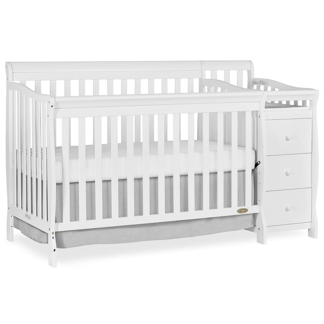 Dream On Me Brody 5-in-1 Convertible Full-Size Baby Crib & 3-Drawer Changer in White, Pinewood, GreenGuard Gold & JPMA, 1 Changer Pad, 3 Mattress Heights, Converts to Toddler & Full Size Bed