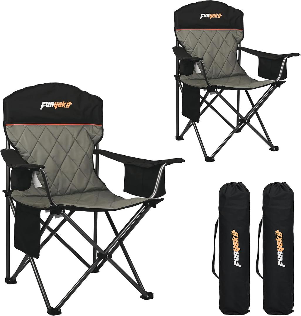 Padded Camping Chair with Sturdy Armrests, Heavy Duty Folding Chair for Adults Supports 350lbs, Portable Outdoor Chair with Reinforced Carry Bag for Camping, Fishing, Lawn & Sports, Pack of 2