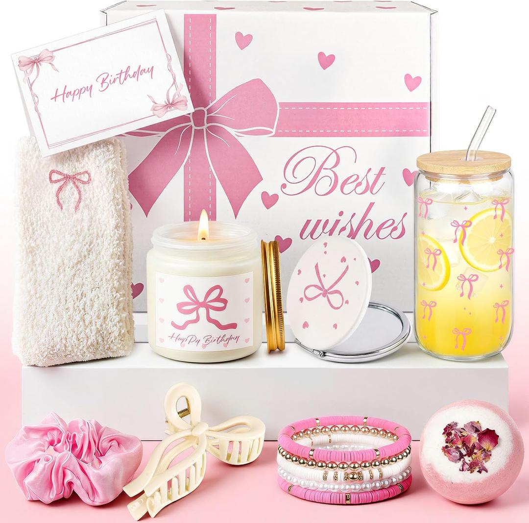 Birthday Gifts for Teen Girl & Women, Pink Bow Trendy Birthdays Gifts Box with Scented Candles, Greeting Card & Cute Accessories, Birthday Presents for Her, Best Friend, Sister, Daughters